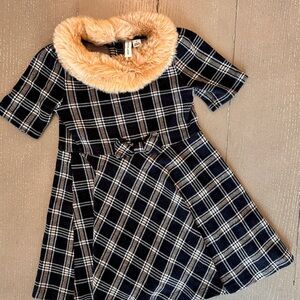 Janie and Jack Girls Short-Sleeve Tartan Plaid Faux Fur Collared Dress • Size 4